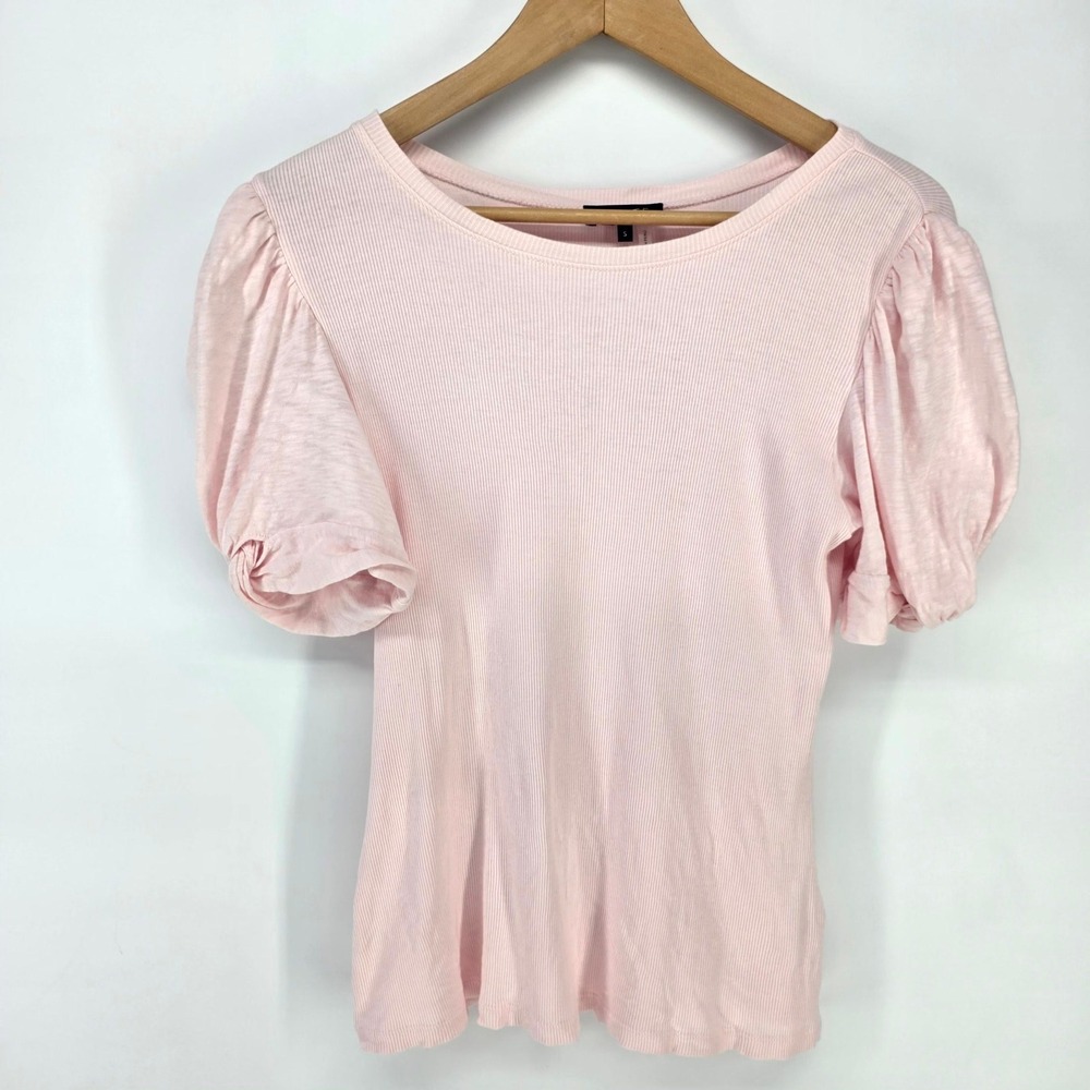 1.STATE Ribbed Puff Sleeve Top Womens Size S Pink Crew Neck Short Sleeve Tee
